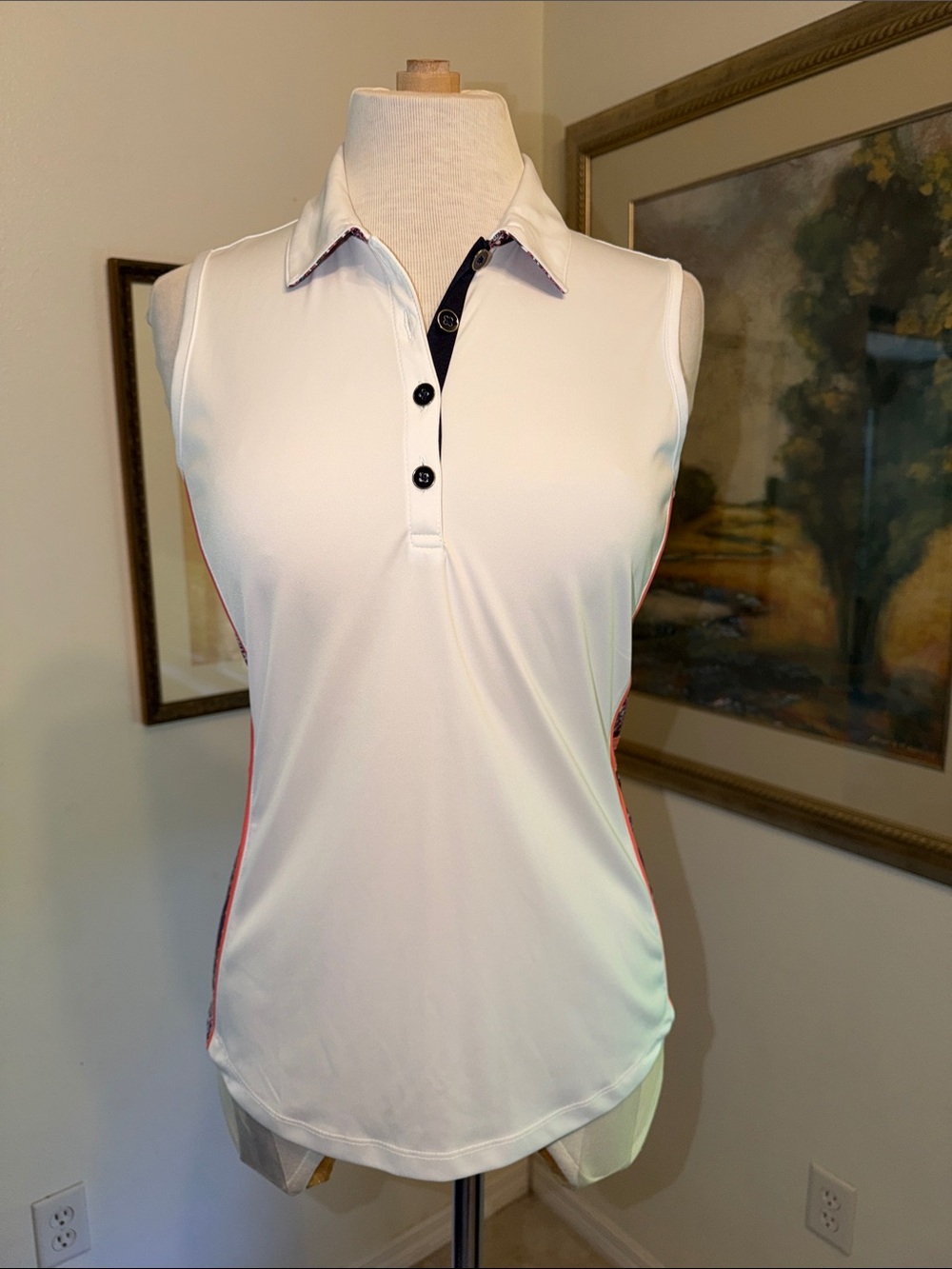 Greg Norman Top-ML75 White Sleeveless Polo w/Coral Patterned Side Panels Size S